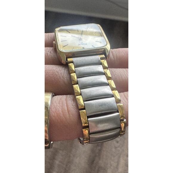 Vintage Pulsar Gold Tone Rectangular Watch Quartz NEW BATTERY Two Tone Bracelet